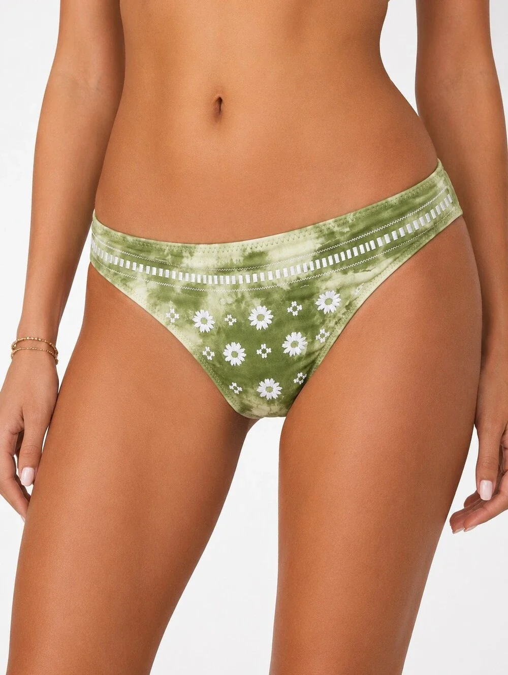 NWT Aerie Green Tie Dye Daisy Embroidered Bikini Bottom Size L Swim Boho Earthy